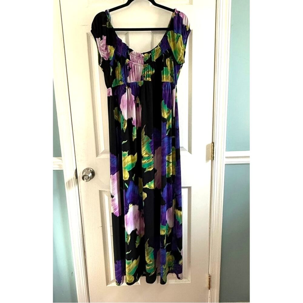 AGB Maxi Dress Size 12 Black Floral Stretch Neck Boho Sleeveless